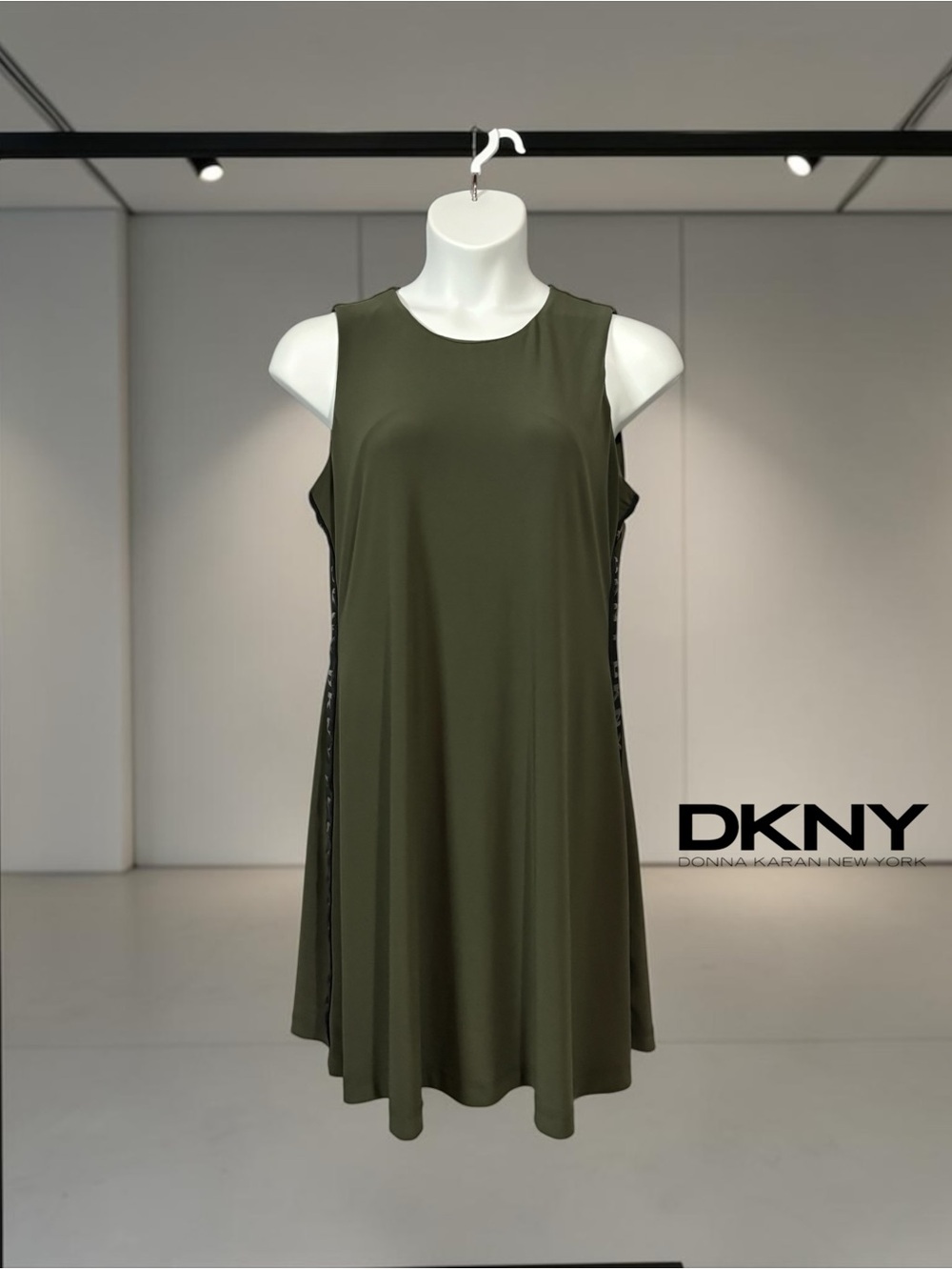 DKNY, Olive Green Logo Side Stripe Sleeveless A-Line Dress, Size Large, Stretch